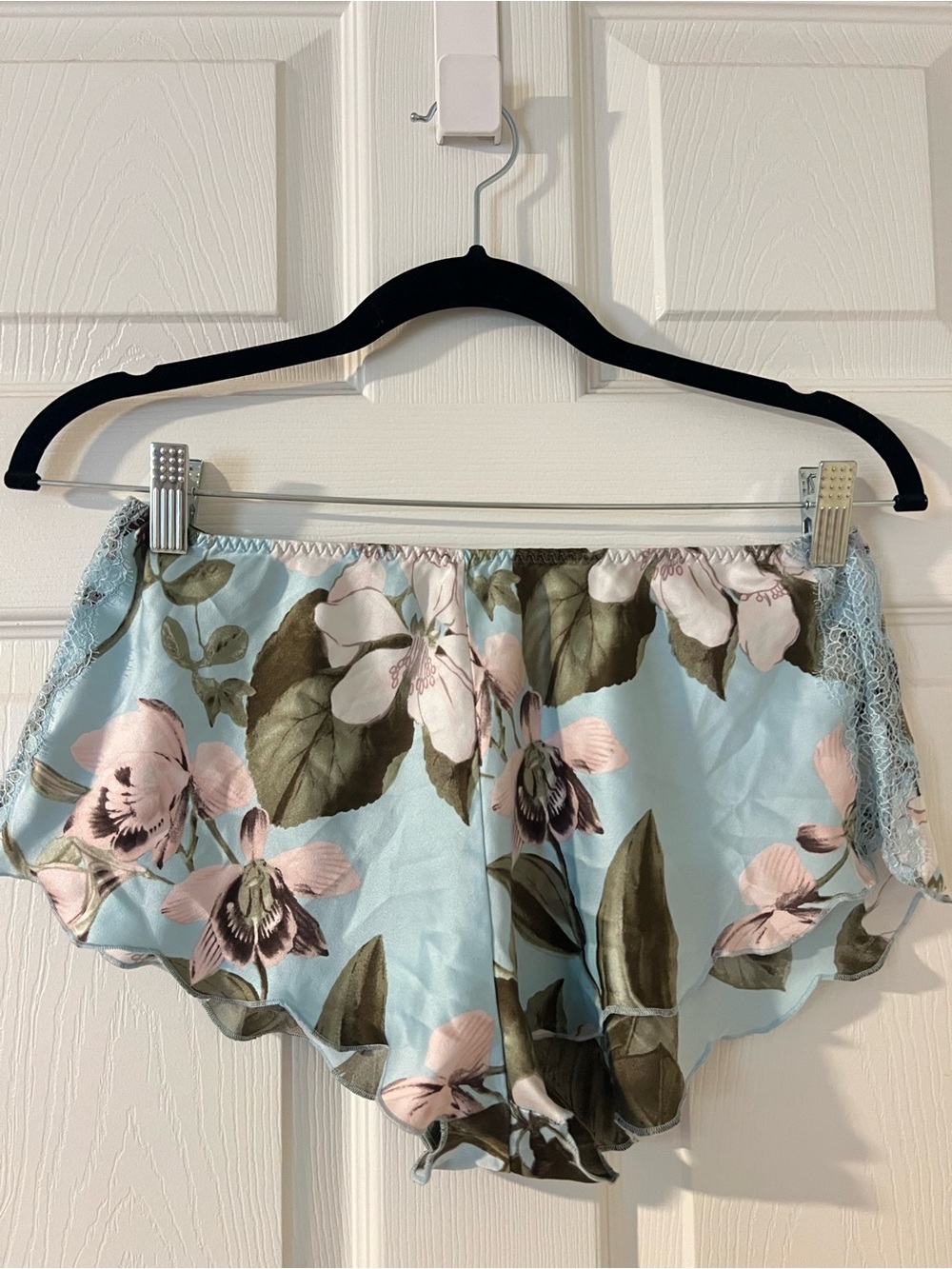 Victoria Secret Blue Floral Satin Sleep Shorts with Lace Trim